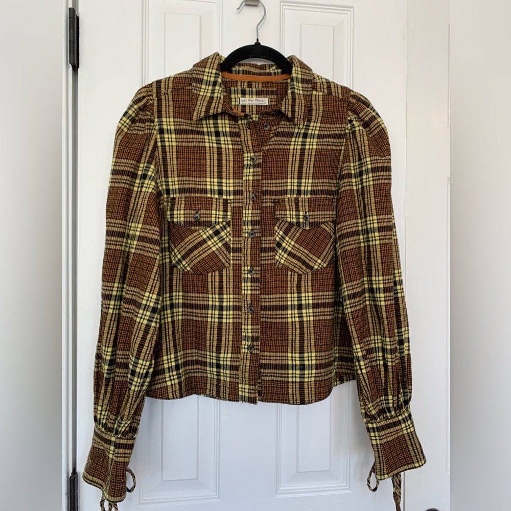 We The Free Flannel Shacket, Long Sleeve, Brown & Yellow Plaid, Sz Small.